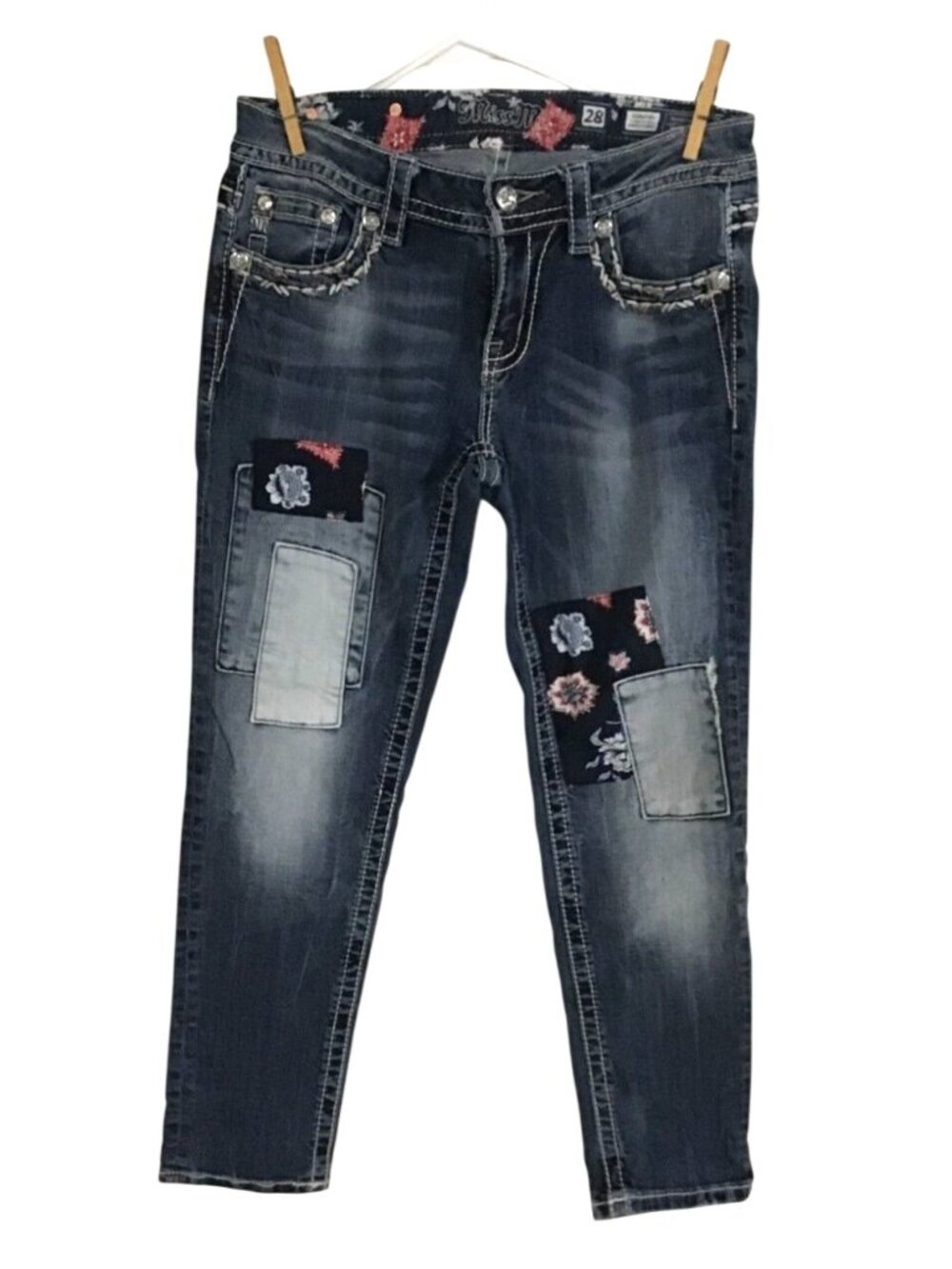 Miss Me Womens 28 Patch Design Signature Ankle Skinny Jeans